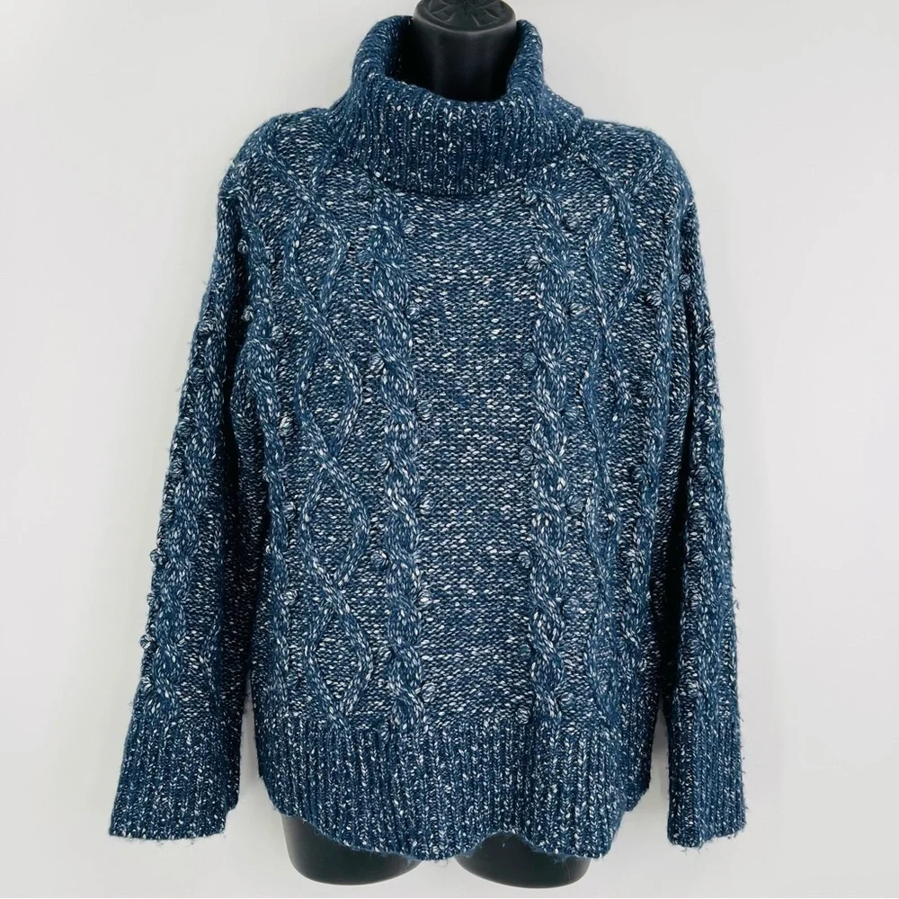 Kate Spade chunky cable‎ knit sweater turtleneck bobble knit blue women's size S